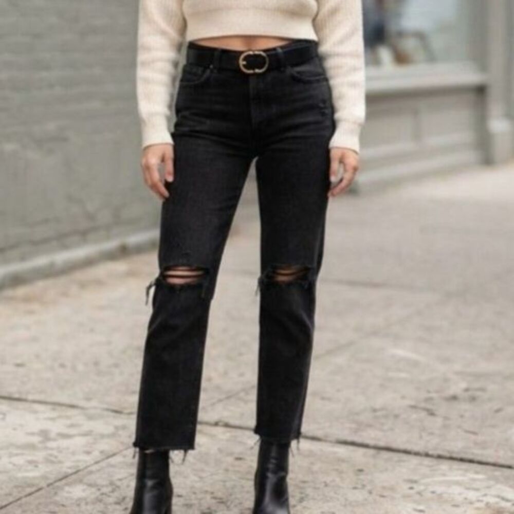 We The Free Free People Black Distressed Ripped Knee Raw Hem Jeans Grunge 24